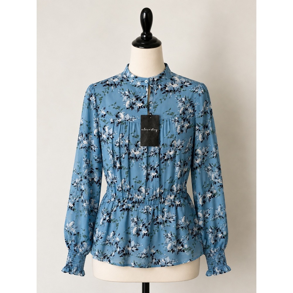 A Love Story‎ Blue Floral High Neck Smocked Cuff Peplum Blouse Top